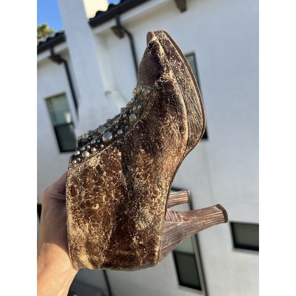 Calleen Cordero Vintage Y2K studded distressed brown leather peep toe booties 9 - Picture 3 of 15